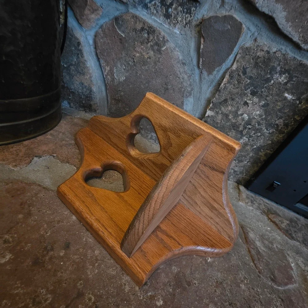 Vintage Oak Wood Corner Shelf Heart Cutouts Cottagecore Wall Mount Made in USA